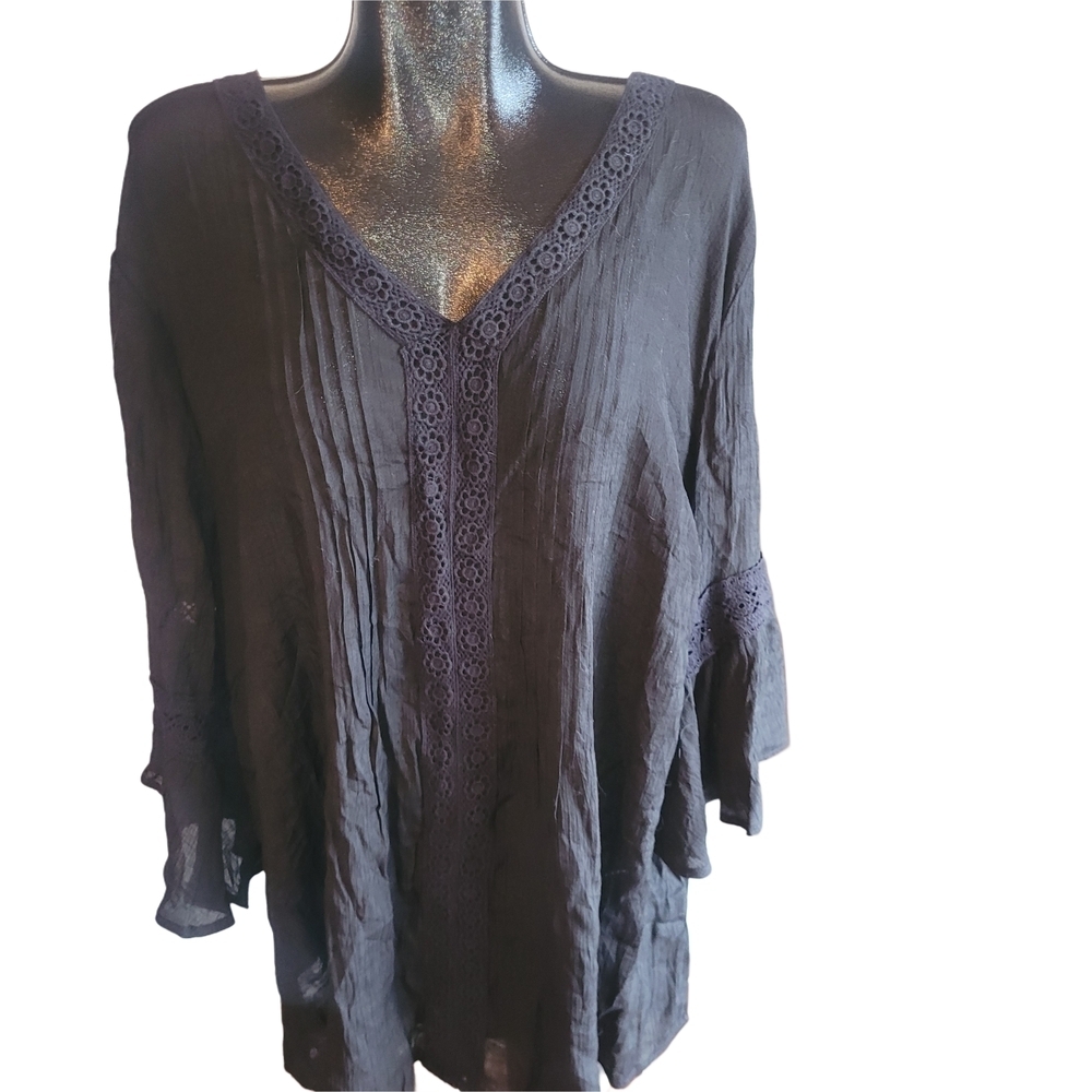 Avenue Black Lace Trim Bell Sleeve Top